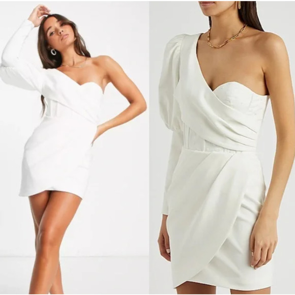 Lavish Alice Dresses & Skirts - Lavish Alice White One Sleeve Overlay Mesh Corset Mini Dress Size 14 US